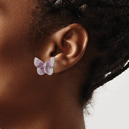 Sterling Silver Rhodium-plated Polished Pink CZ Butterfly Button Stud Earrings