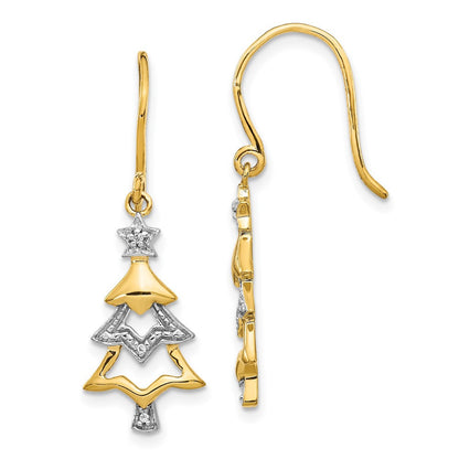 14k Yellow Gold and Rhodium Diamond Christmas Tree Dangle Earrings