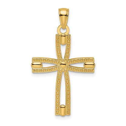 14k Yellow Gold Beaded & Polished Cross Pendant