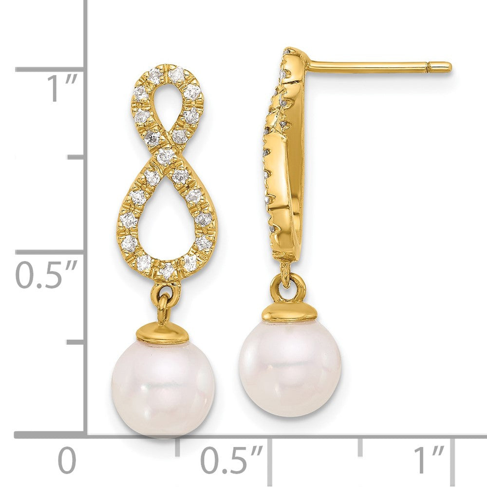 14k Yellow Gold Akoya Saltwater Cultured Pearl Diamond Infinity Dangle Earrings