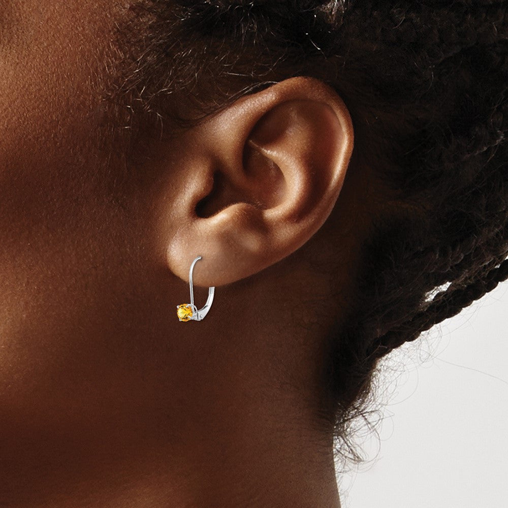 14k White Gold 4mm Round November/Citrine Leverback Dangle Earrings