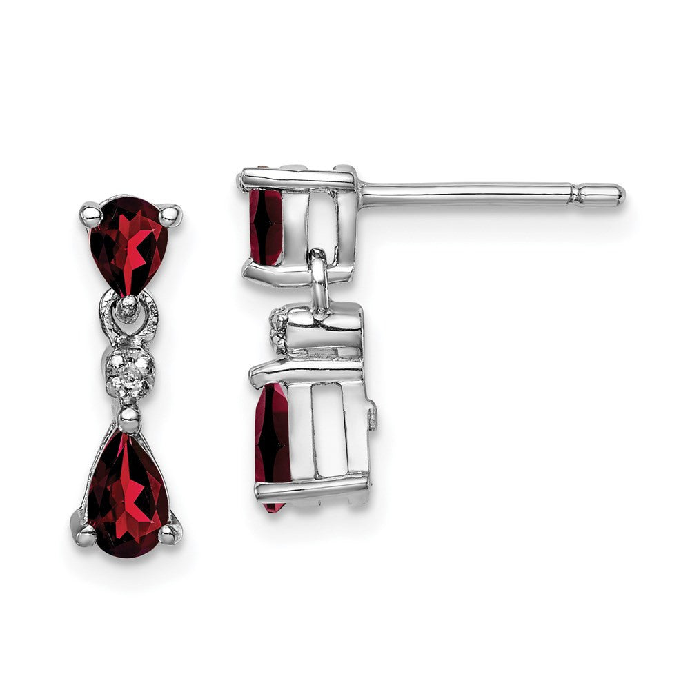 Sterling Silver Rhodium Pear Garnet and Diamond Dangle Earrings