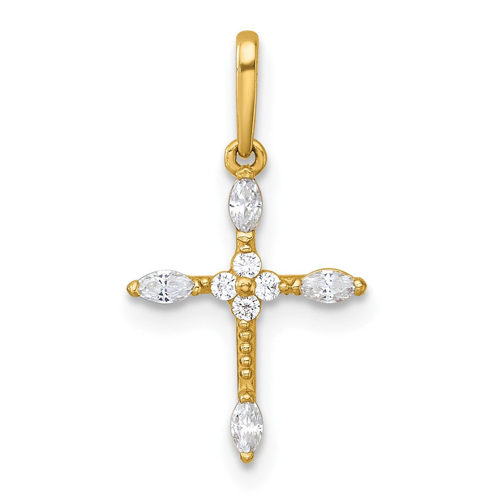 14k Yellow Gold Polished and Beaded Fancy CZ Cross Pendant