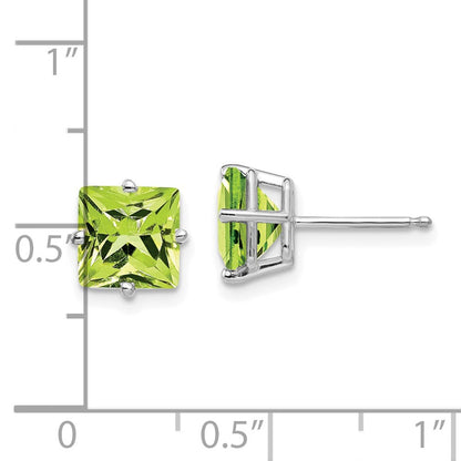 14k White Gold 7mm Princess Cut Peridot Stud Earrings