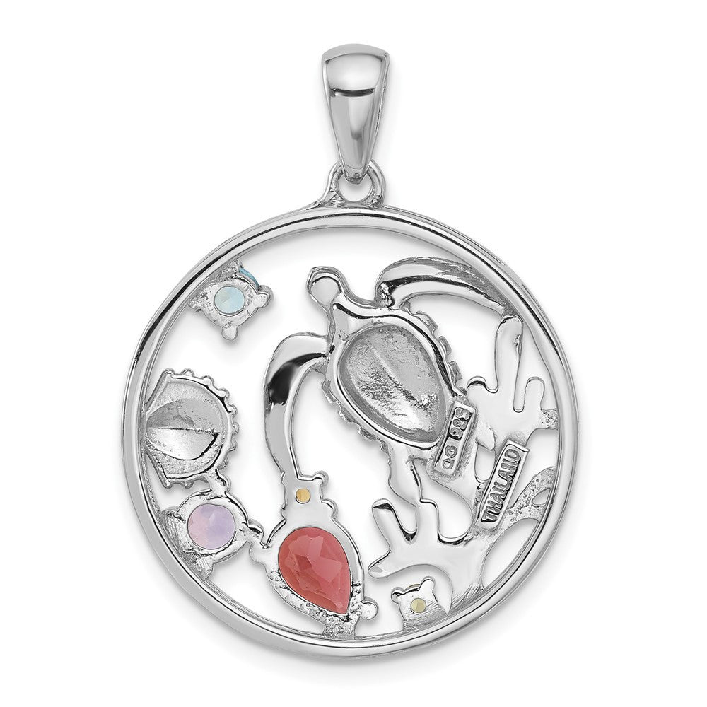 Sterling Silver Rhodium-plated Polished Rainbow Gemstone Sea Turtle Pendant