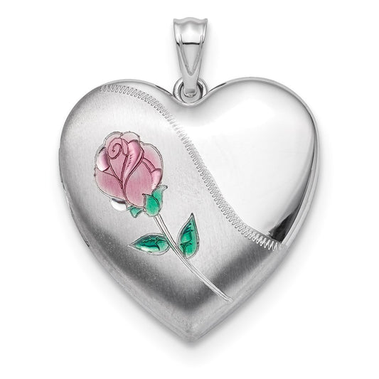 Sterling Silver Rhodium-plated Satin Enamel Rose Ash Holder Heart Locket Pendant