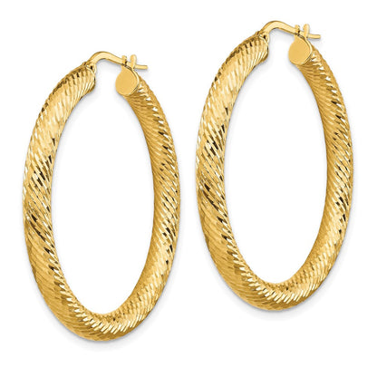 14k Yellow Gold 4x30mm Diamond-cut Round Hoop Earrings