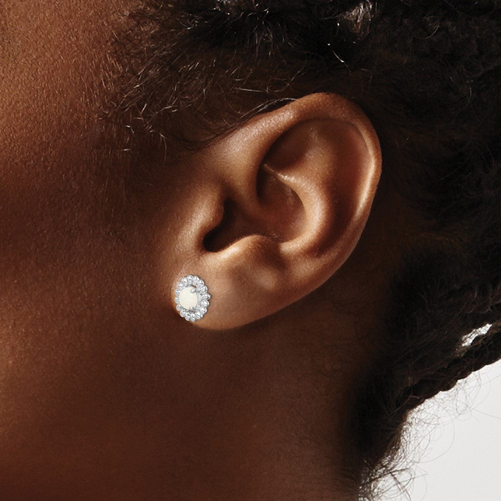 Sterling Silver Rhod-plat Milky Opal Button Stud Earrings