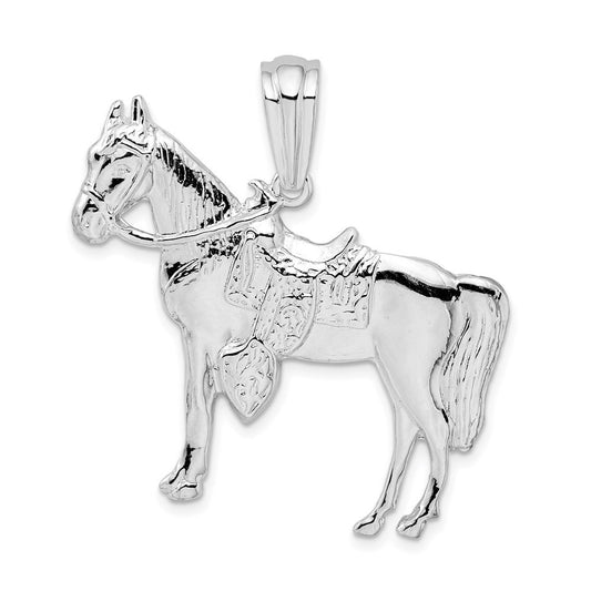 Sterling Silver Rhodium-Plated Polished Horse with Saddle Pendant