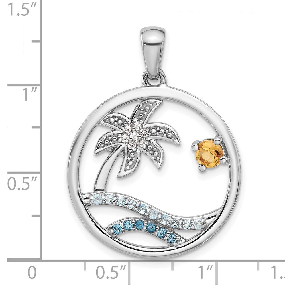 Sterling Silver Rhodium-plated Polished Rainbow Gemstone Ocean Palm Tree Pendant