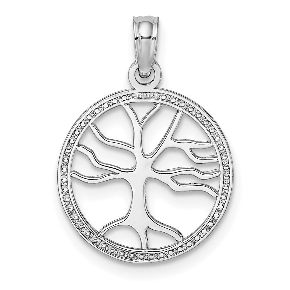 14k White Gold Small Tree of Life In Round Frame Charm Pendant