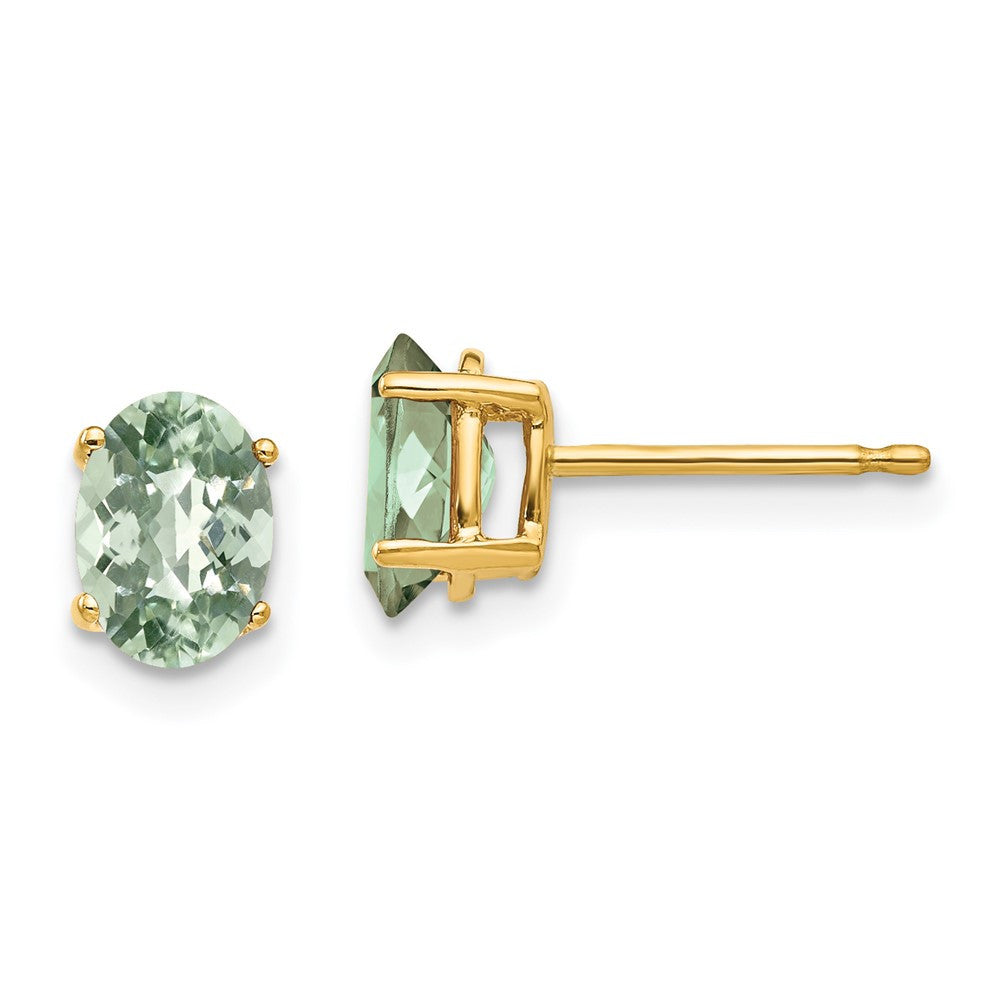 14k Yellow Gold 7x5 Oval Checker-Cut Green Quartz Stud Earrings