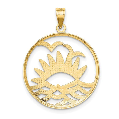 14k Yellow Gold /Rhodium Sunsetand Water In CircleCharm Pendant