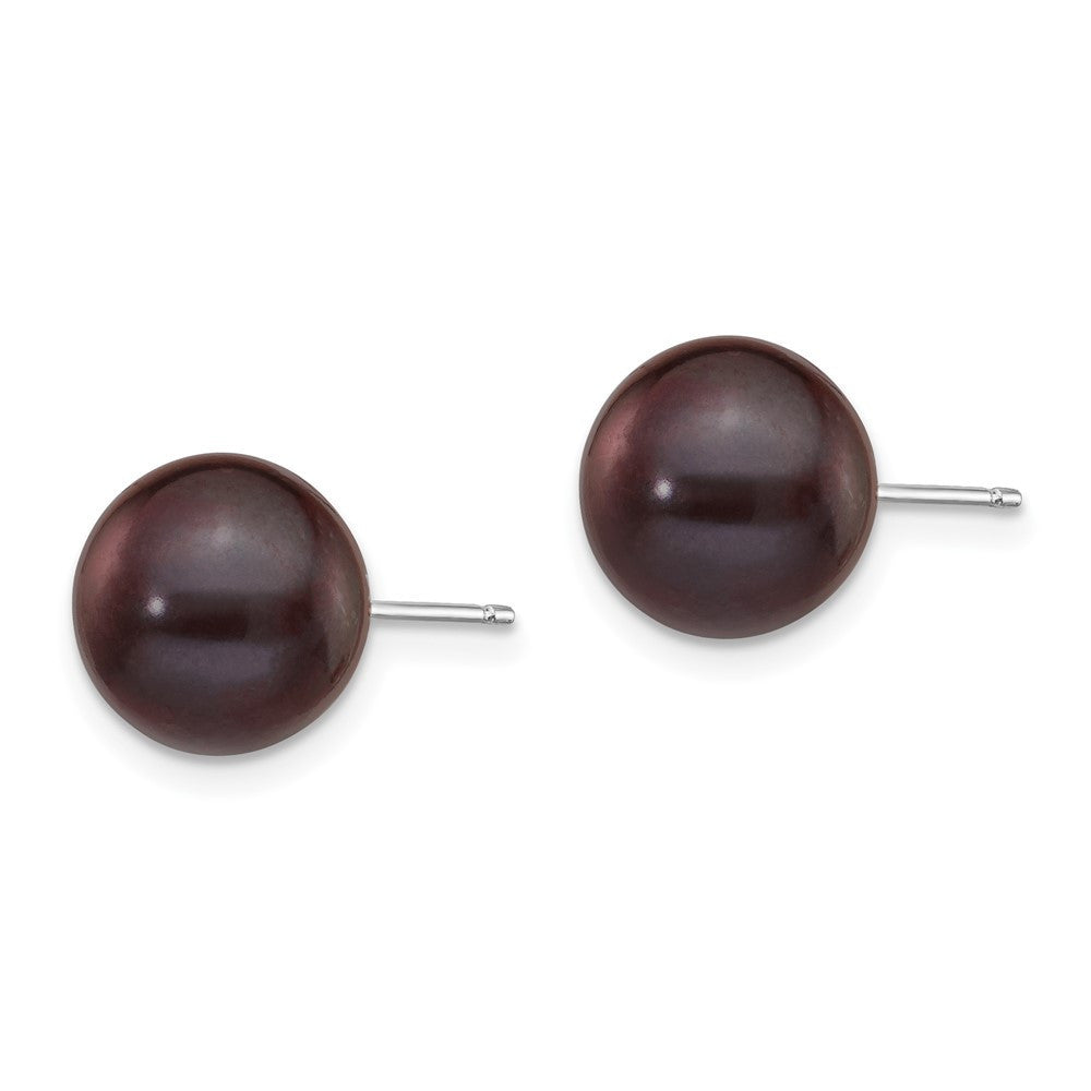 14k White Gold 9-10mm Black Round Freshwater Cultured Pearl Stud Earrings