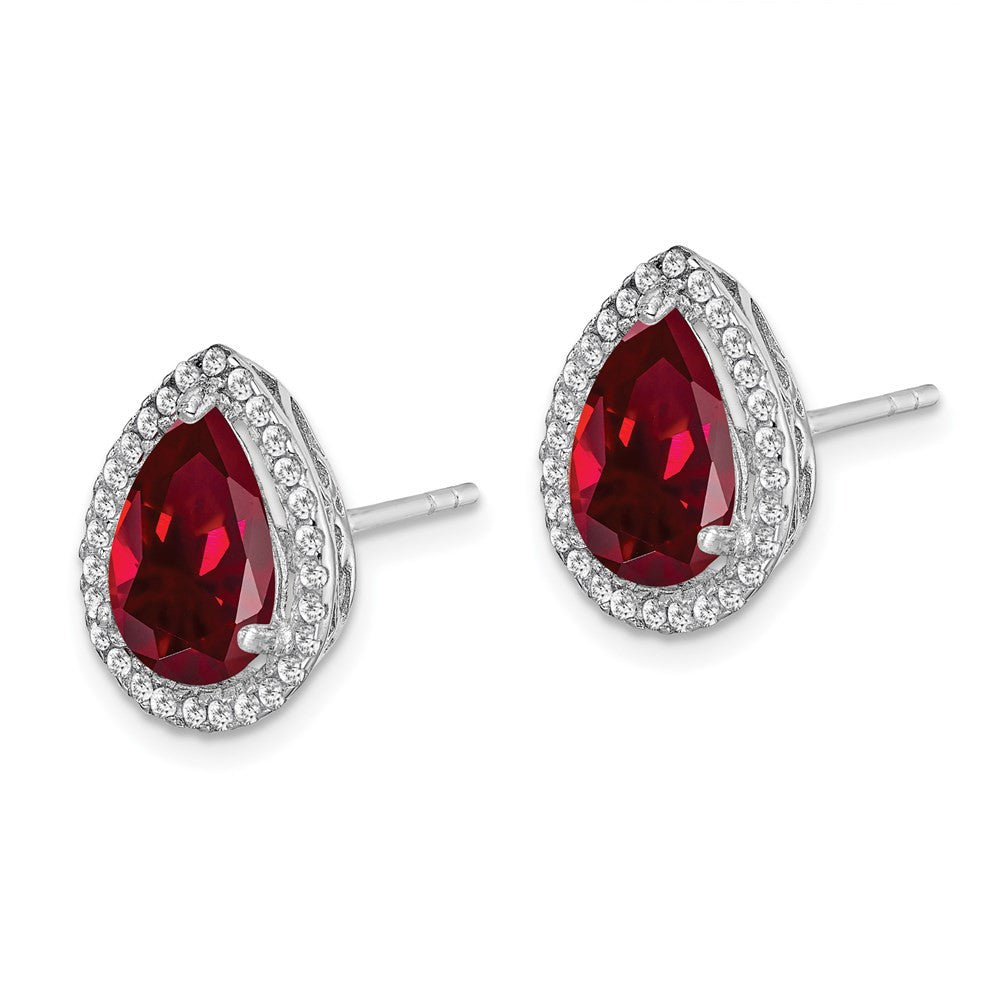 Sterling Silver Rhodium Polished Clear CZ and Lab Created Ruby  Stud Earrings