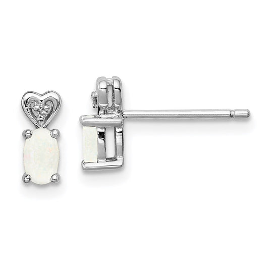 Sterling Silver Rhodium-plated Created Opal & Diam. Button Stud Earrings