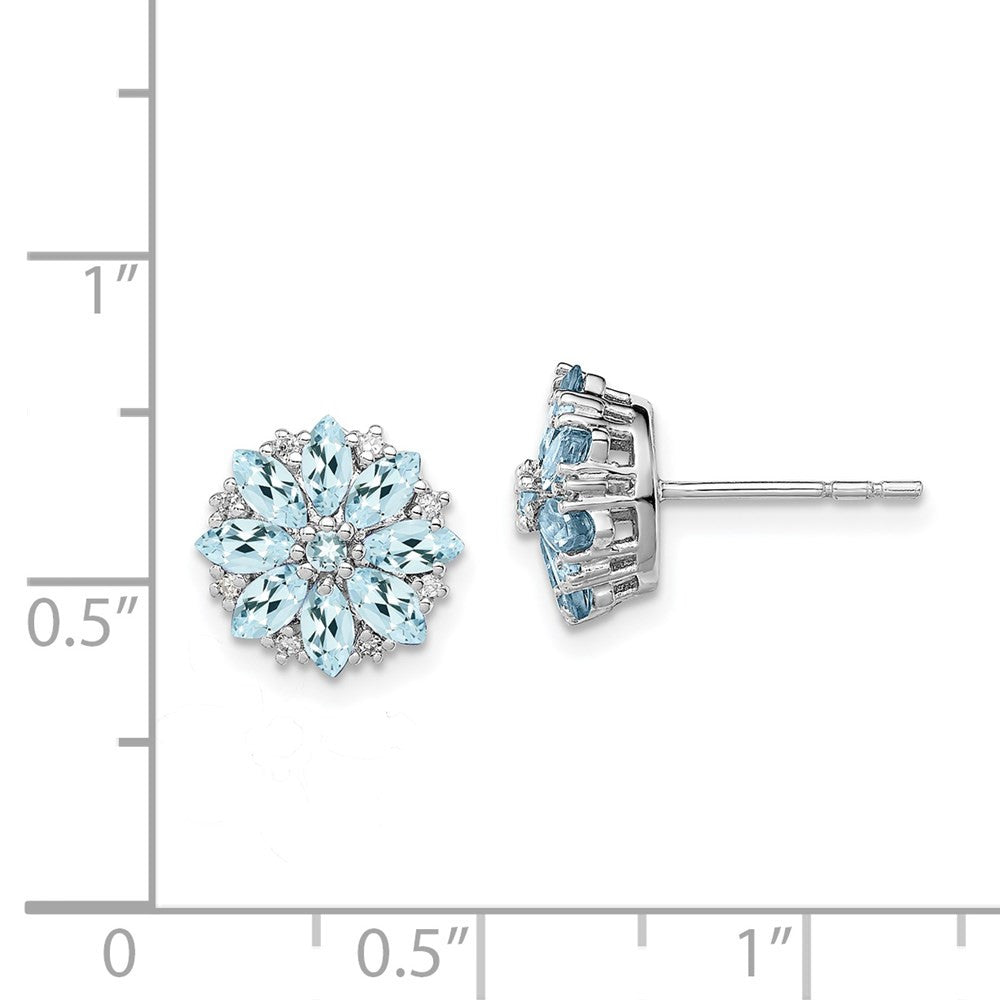 Sterling Silver Rhodium-plated Diamond & Aquamarine Button Stud Earrings