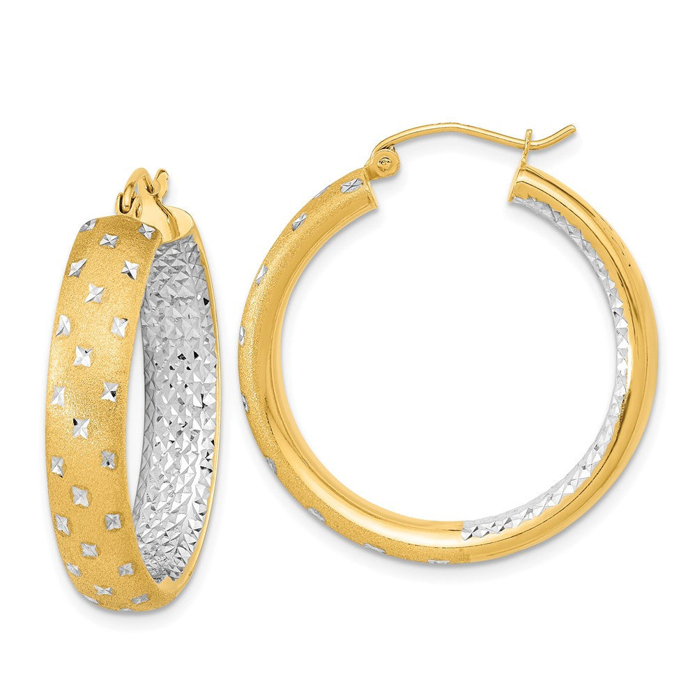 14k Yellow Gold White Rhodium Polished Satin Diamond-cut In/Out Hoop Earrings