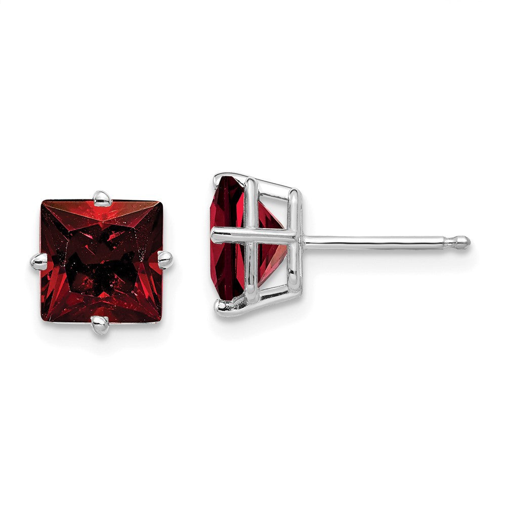 14k White Gold 7mm Princess Cut Garnet Stud Earrings