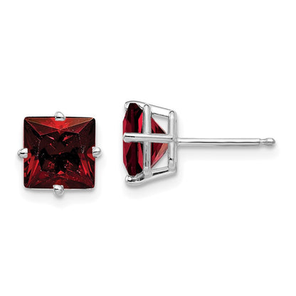 14k White Gold 7mm Princess Cut Garnet Stud Earrings