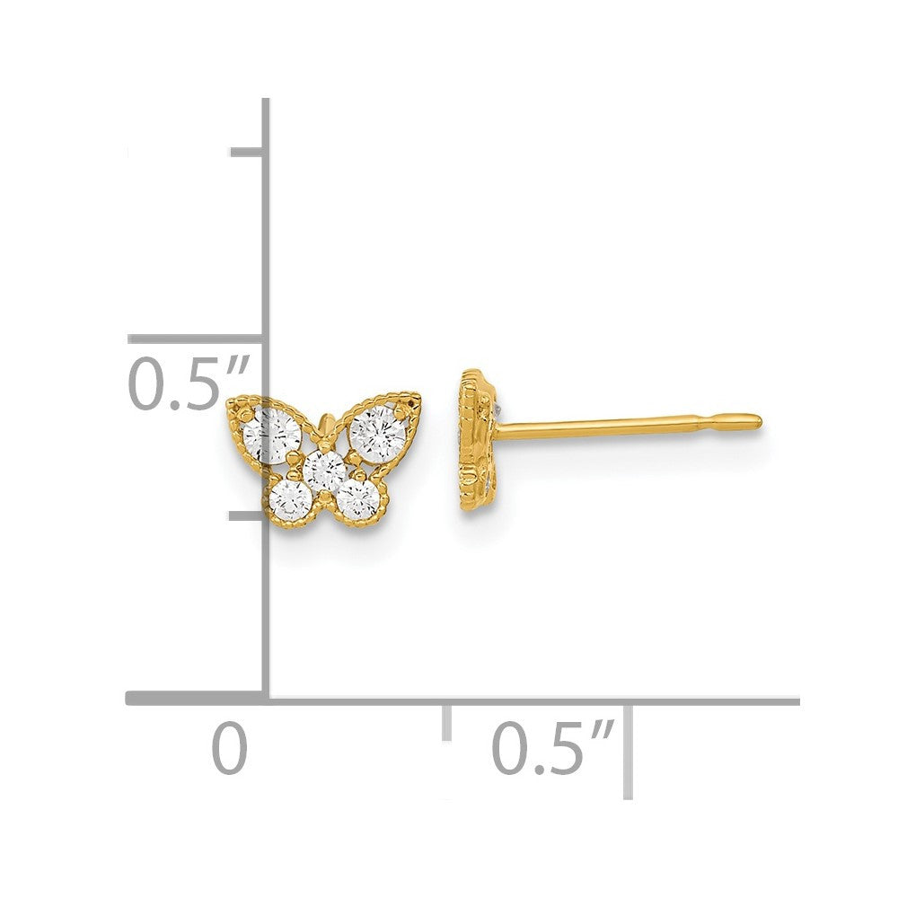 14k Yellow Gold Kids CZ Butterfly Button Stud Earrings