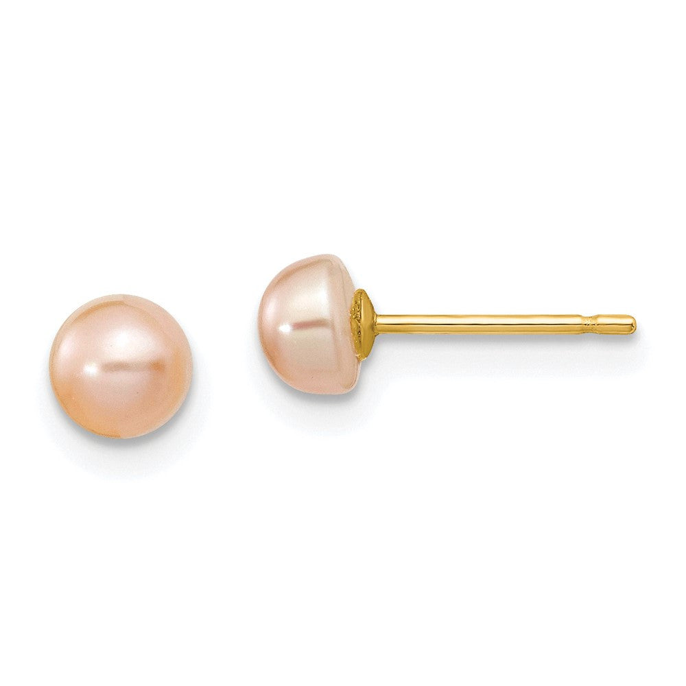 14k Yellow Gold 4-5mm Pink Freshwater Cultured Button Pearl Stud Earrings