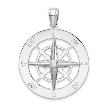 Sterling Silver Rhodium-Plated Polished Large Nautical Compass Pendant