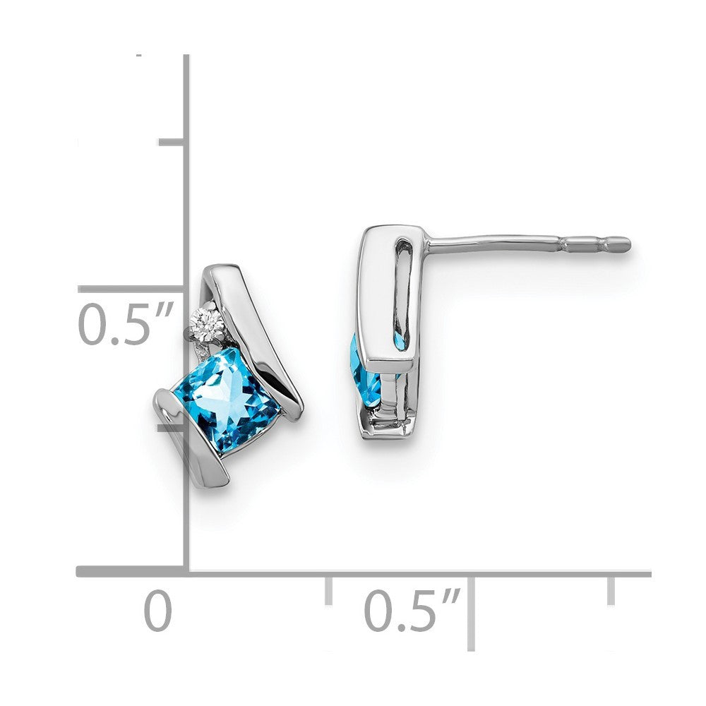 Sterling Silver Antique Cushion Blue Topaz and Diamond Button Stud Earrings