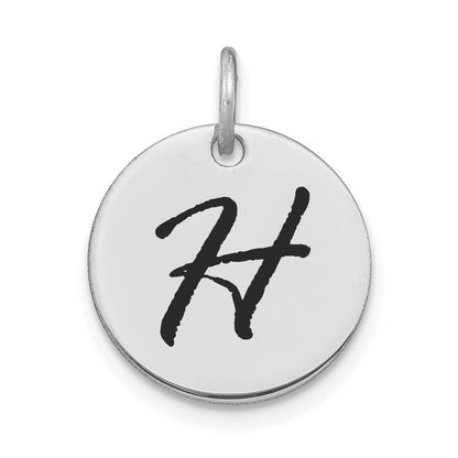 14k White Gold Polished Black Enamel Letter H Initial Disk Charm Pendant