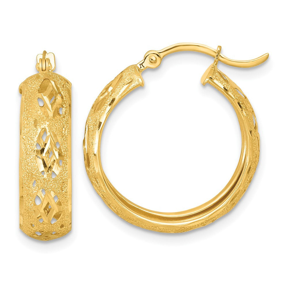 14k Yellow Gold Polished Laser and Diamond-cut Fancy Design Hoop Earrings