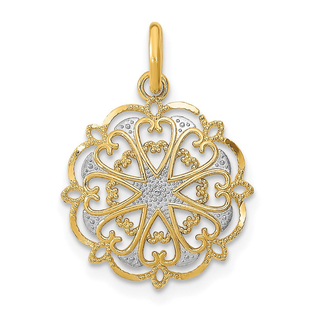 14k Yellow Gold w/Rhodium and D/C Filigree Heart Round Charm Pendant
