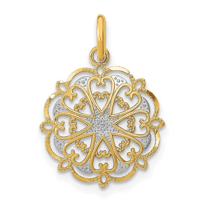 14k Yellow Gold w/Rhodium and D/C Filigree Heart Round Charm Pendant