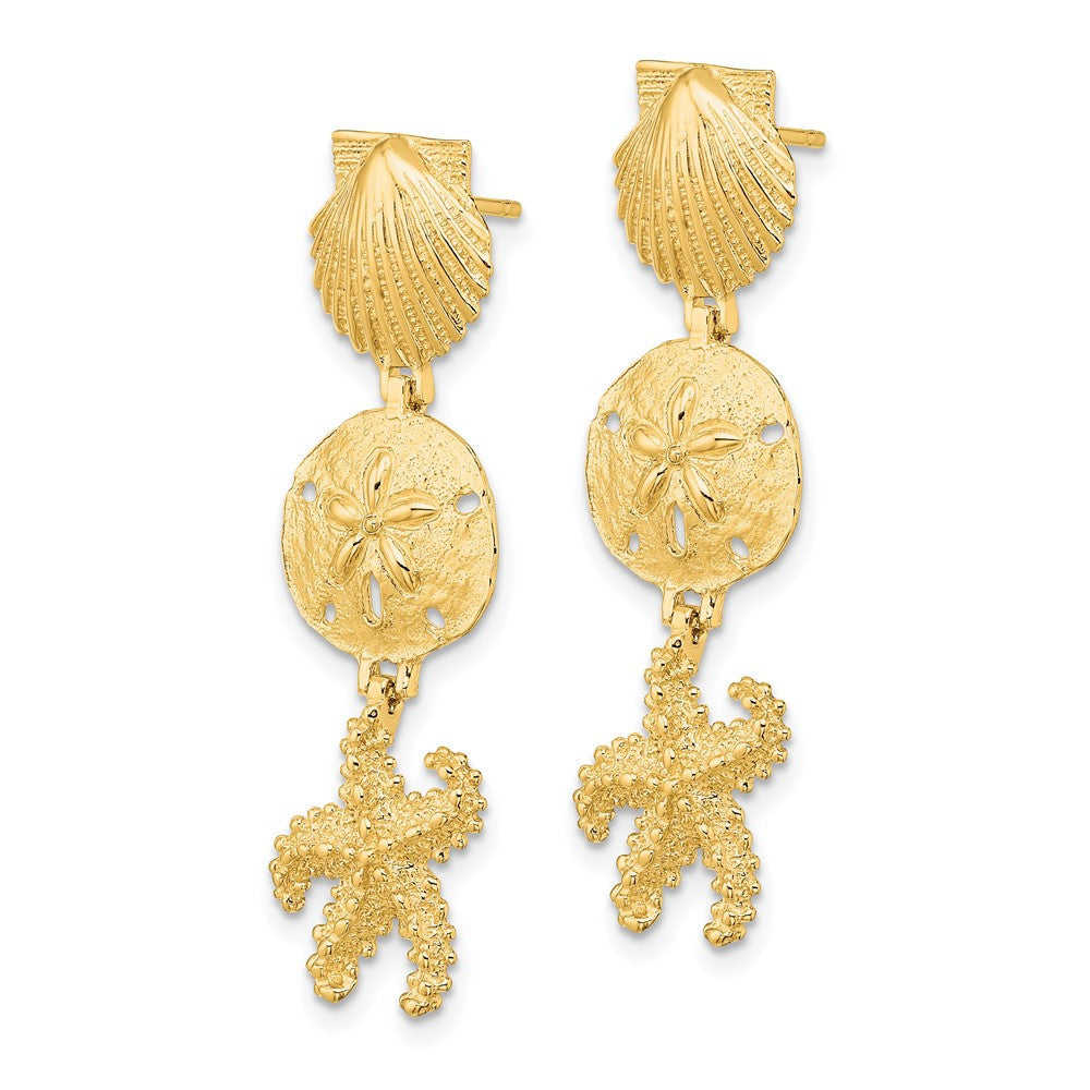 14k Yellow Gold Shell, Sand Dollar ,Starfish Dangle Earrings