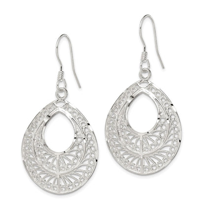 Sterling Silver Polished Textured D/C Filigree Tear Dangle Earrings