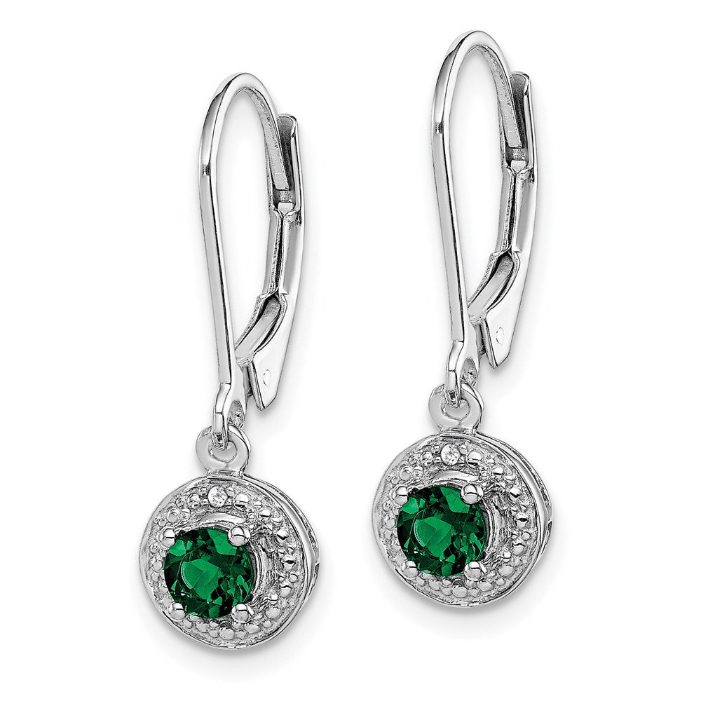 Sterling Silver Rhodium-plated Diam. & Created Emerald Dangle Earrings