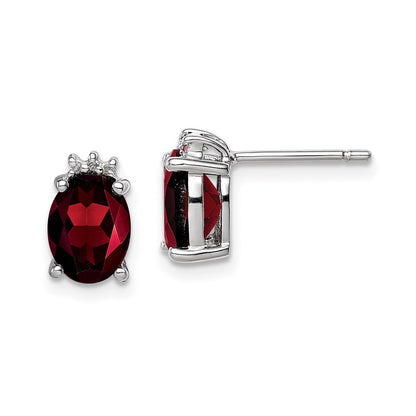Sterling Silver Rhodium Plated Oval Garnet and Diamond Button Stud Earrings