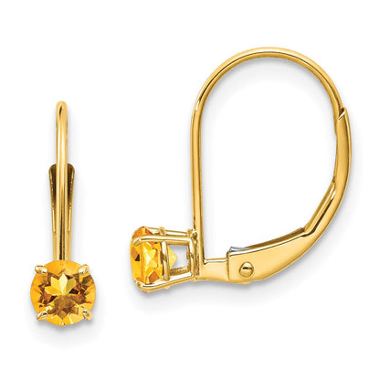 14k Yellow Gold 4mm Round November/Citrine Leverback Dangle Earrings