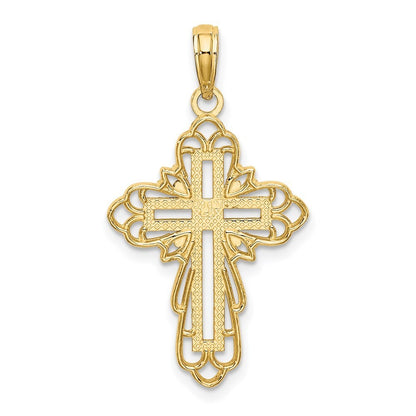 14k Yellow Gold Rhodium Lace Trim Cross Charm Pendant