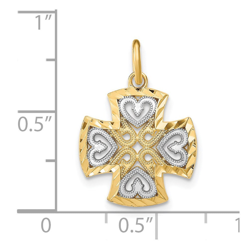 14k Yellow Gold Rhodium Hearts and Diamond-Cut Maltese Cross Charm Pendant