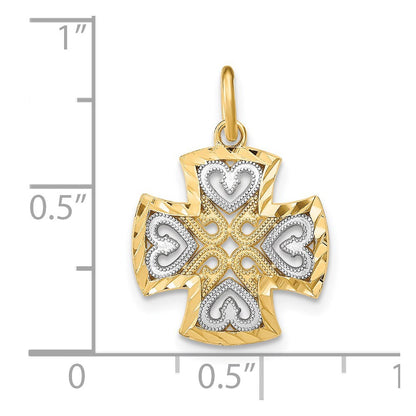 14k Yellow Gold Rhodium Hearts and Diamond-Cut Maltese Cross Charm Pendant