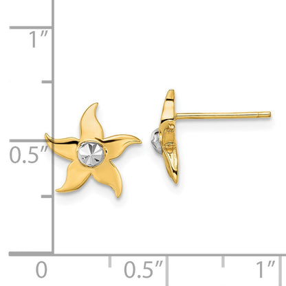 14k Yellow Gold w/Rhodium Starfish Stud Earrings