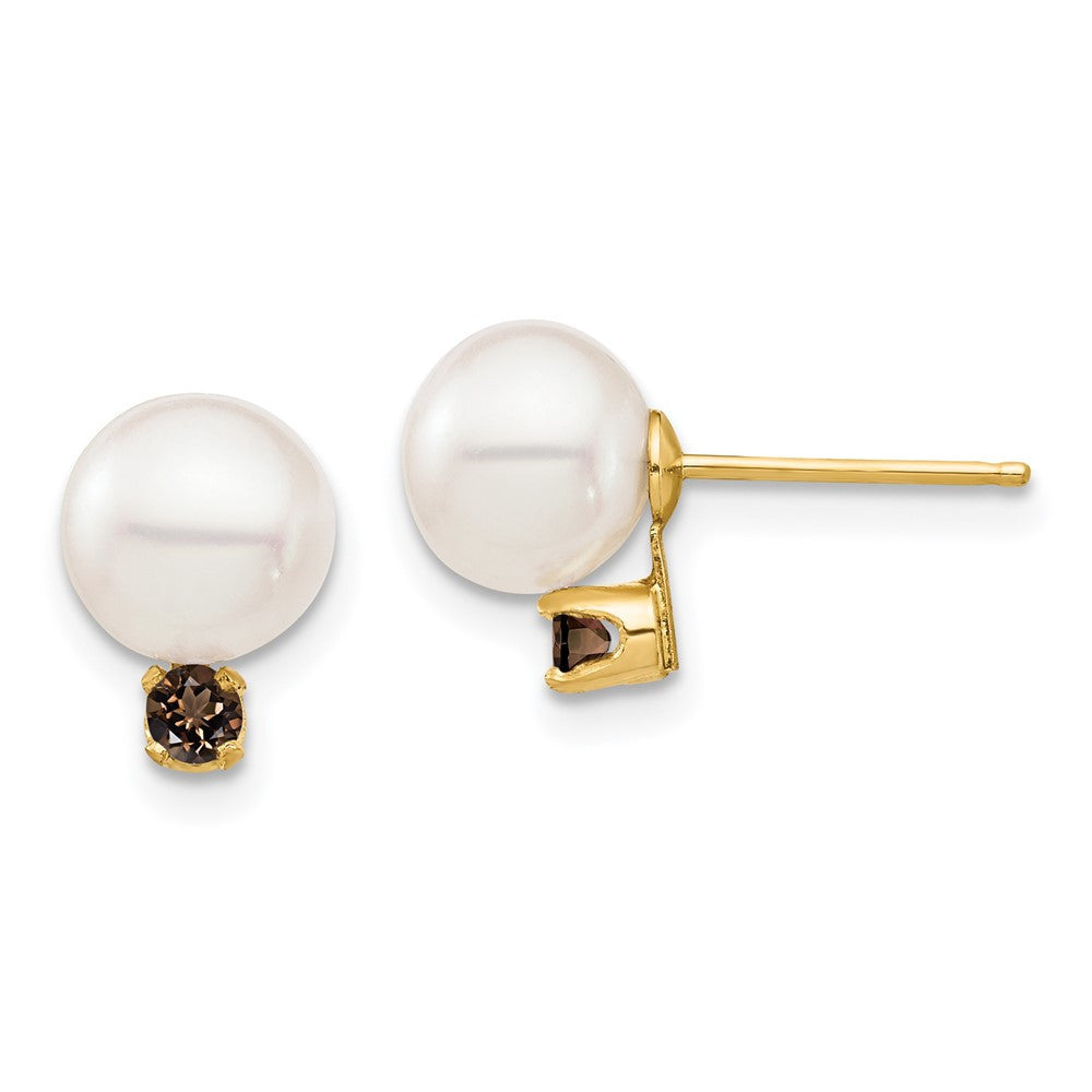 14k Yellow Gold Freshwater Cultured Pearl & Smokey Quartz Ball Stud Earrings