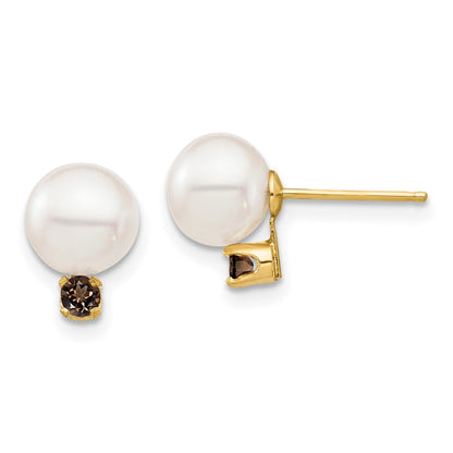 14k Yellow Gold Freshwater Cultured Pearl & Smokey Quartz Ball Stud Earrings