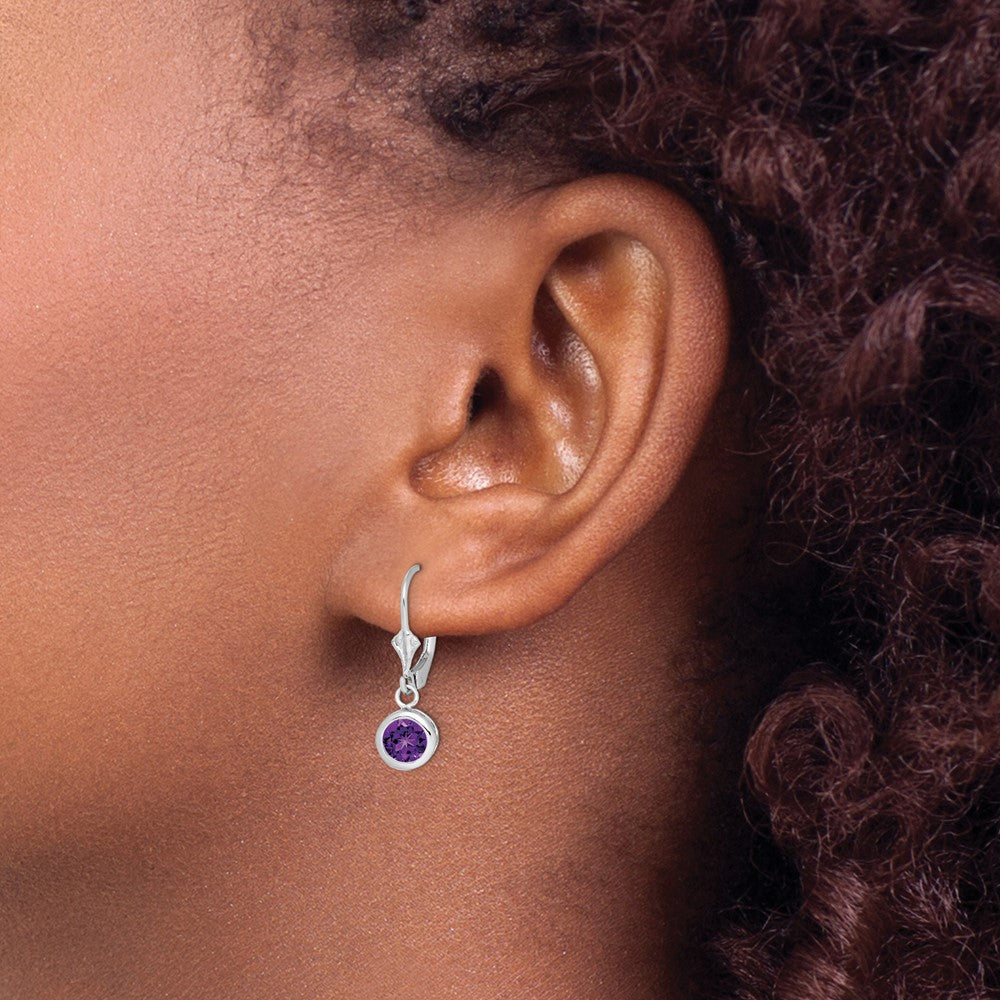 Sterling Silver Rhodium Plated 6mm Round Amethyst Leverback Dangle Earrings