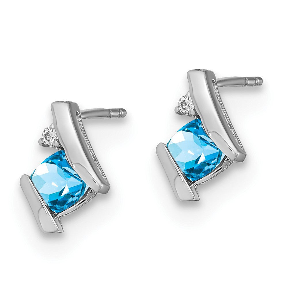 Sterling Silver Antique Cushion Blue Topaz and Diamond Button Stud Earrings