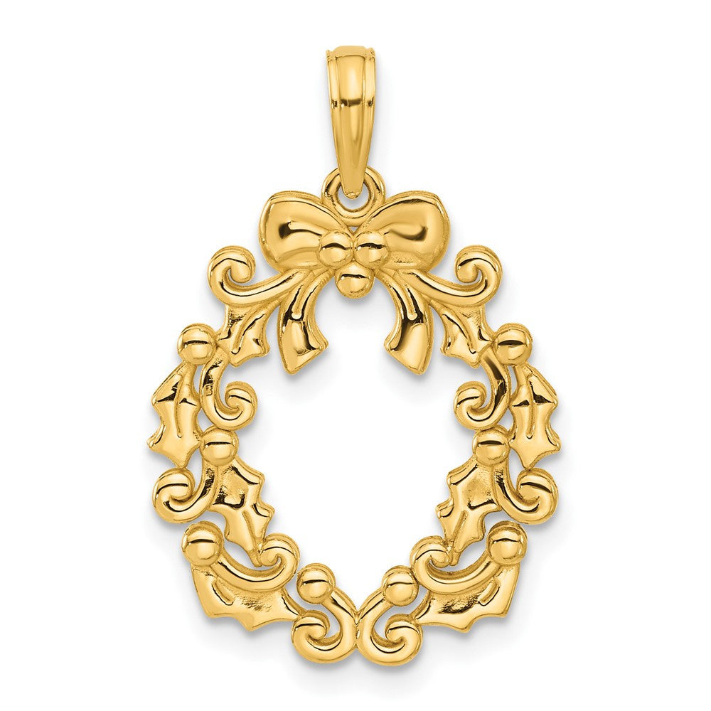 14k Yellow Gold Polished Christmas Wreath Pendant