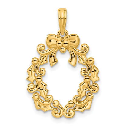 14k Yellow Gold Polished Christmas Wreath Pendant