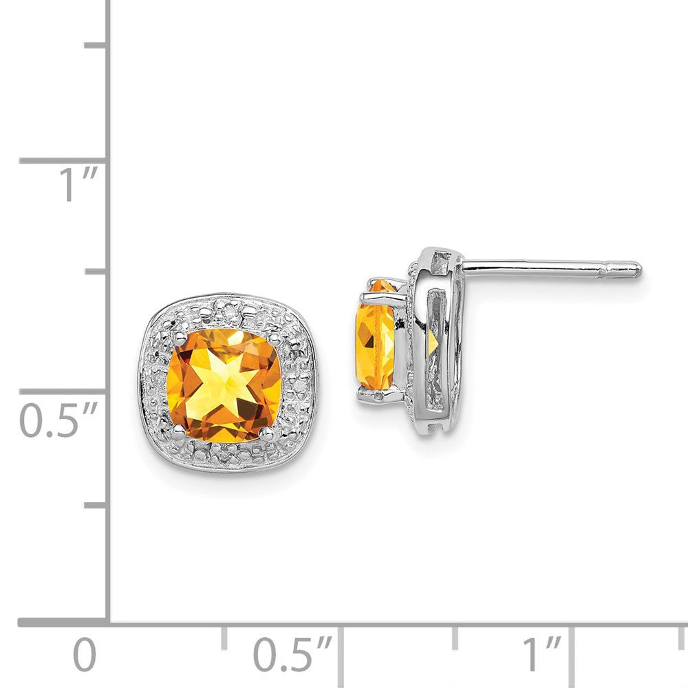 Sterling Silver Rhodium Plated Citrine and Diamond Button Stud Earrings