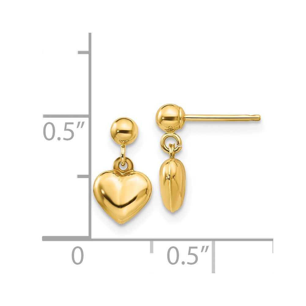 14k Yellow Gold Puffed Heart Dangle Earrings