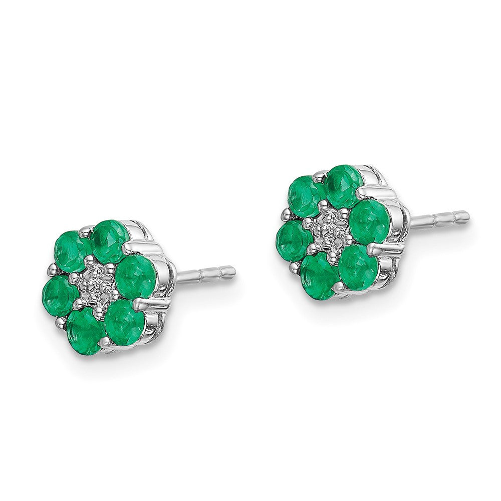 14k White Gold Polished Emerald and Diamond Button Stud Earrings